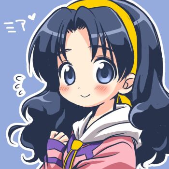 1girl blue_eyes blue_hair blush chibi closed_mouth curly_hair dress hairband long_hair looking_at_viewer lunar lunar:_the_silver_star mia_ausa pink_dress simple_background smile solo yellow_hairband yukiyo_kato