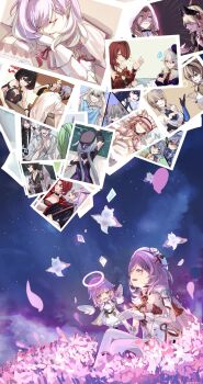 2girls absurdres angel_wings aponia beret breasts bronya_zaychik commentary dress durandal_(honkai_impact) durandal_(nibelungen_traumlied)_(honkai_impact) earrings eden_(honkai_impact) elf elf_elysia elysia_(hi_love_elf)_(honkai_impact) elysia_(honkai_impact) field flower flower_field fu_hua gonnbe_fofo griseo griseo_(starry_impression) halo hat heart heart_earrings highres holding holding_phone honkai_(series) honkai_impact_3rd jewelry kalpas_(honkai_impact) kevin_kaslana kiana_kaslana kosma little_messenger_(honkai_impact) long_hair medium_breasts mobius_(honkai_impact) multiple_girls murata_himeko night night_sky official_alternate_costume pardofelis pardofelis_(meowtose_macchiato) phone photo_(object) pink_hair pointy_ears purple_eyes raiden_mei red_dress rita_rossweisse rita_rossweisse_(argent_knight:_artemis) seele_(alter_ego) seele_vollerei sitting sky star_(sky) starry_sky su_(honkai_impact) theresa_apocalypse very_long_hair vill-v white_dress wings yae_sakura