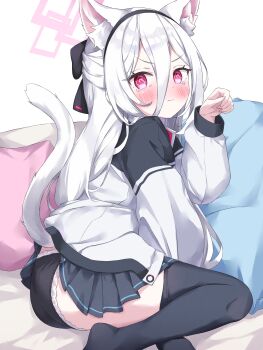 Rule 34 | 1girl, @ @, absurdres, animal ear fluff, animal ears, black hairband, black thighhighs, blue archive, blush, cat ears, cat girl, cat tail, closed mouth, commentary request, hair between eyes, hairband, halo, highres, jacket, kei (blue archive), kei (new body) (blue archive), kemonomimi mode, long hair, long sleeves, looking at viewer, mayu next1222, panties, paw pose, pink eyes, pink halo, rectangular halo, skirt, solo, tail, tearing up, tears, thighhighs, underwear, white hair, white jacket, white panties