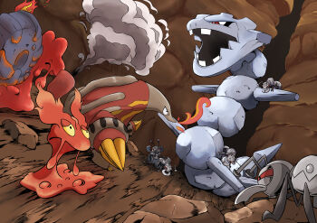 absurdres antennae closed_mouth commentary_request durant fire frown gen_2_pokemon gen_5_pokemon heatmor highres magcargo mandibles nintendo no_humans nostrils open_mouth pokemon pokemon_(creature) pokemon_focus q-chan rock slugma smoke steelix teeth underground