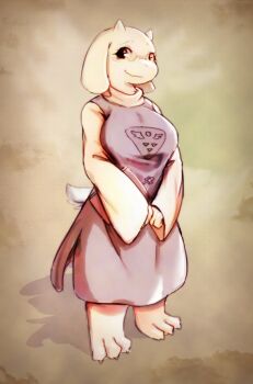 1girl absurdres animal_ears animal_hands barefoot blush blush_stickers breasts brown_background claws closed_mouth dress fangs fangs_out female_focus full_body furry furry_female glasses goat_ears goat_girl goat_tail happy highres horns large_breasts long_sleeves looking_at_viewer mature_female own_hands_together pince-nez purple_dress red_eyes sideways_mouth simple_background skin_fangs sleeveless sleeveless_dress smile snout solo standing sweater tail toriel undertale utdr_(toby_fox) v_arms white_sweater whooo-ya