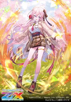 1girl ahoge aura belt blue_eyes blue_hair brown_jacket brown_shoes brown_skirt copyright_logo copyright_name copyright_notice flower gradient_hair hair_between_eyes hair_flower hair_ornament hat ibara_riato jacket kamiyugi_sakura kneehighs logo multicolored_hair official_art open_clothes open_jacket open_mouth outdoors pink_hair plaid_clothes plaid_skirt red_belt red_flower shirt shoes skirt socks solo white_hat white_shirt white_socks z/x