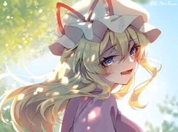 Rule 34 | 1girl, blonde hair, blue sky, blush, commentary request, from behind, hair between eyes, hat, highres, kinese (katasutorohu), long hair, looking at viewer, looking back, lower teeth only, maribel hearn, mob cap, parted lips, purple eyes, purple shirt, shirt, sky, smile, solo, teeth, touhou, tree, twitter username, upper body