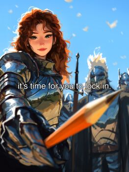 Rule 34 | 1girl, 3others, armor, blue sky, blurry, blurry background, blurry foreground, brown hair, closed mouth, day, english text, full armor, green eyes, highres, holding, holding pencil, knight, long hair, multiple others, original, outdoors, pencil, sam yang, sky, sword, weapon