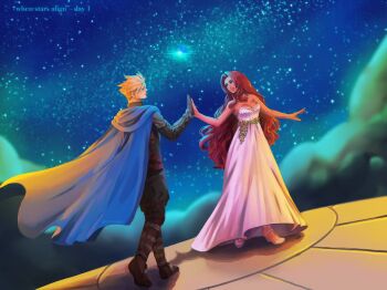 Rule 34 | 1boy, 1girl, aerith gainsborough, aerith gainsborough (white floral dress), bare arms, bare shoulders, black pants, blonde hair, blue cloak, boots, breasts, brown boots, brown hair, cleavage, cloak, cloud, cloud strife, cloud strife (alphreid costume), cloudy sky, commentary, couple, dress, dress flower, english commentary, final fantasy, final fantasy vii, final fantasy vii rebirth, final fantasy vii remake, flower, full body, gold saucer, hetero, highres, holding hands, jewelry, long dress, long hair, medium breasts, necklace, night, night sky, official alternate costume, pants, parted bangs, robboyu, shoes, short hair, sidelocks, sky, smile, spiked hair, strapless, strapless dress, vambraces, white dress, white shoes