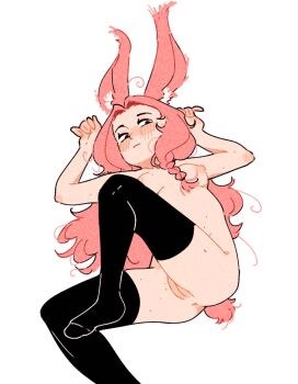 1girl :| ahoge animal_ear_fluff animal_ears anus arms_up black_thighhighs blush braid breasts closed_mouth commentary english_commentary felt_(spindle_(aidenr0)) highres long_hair lying medium_breasts nipples nose_blush nude original pink_hair pussy rabbit_ears rabbit_girl rabbit_tail side_braid simple_background single_braid solo spindle_(aidenr0) tail thighhighs uncensored very_long_hair white_background