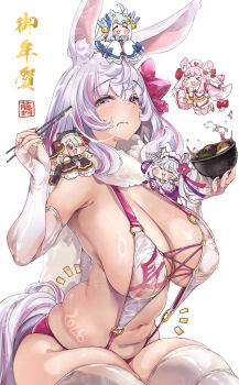 2026 5girls absurdres animal_ears blonde_hair bowl breasts chibi chopsticks commentary_request food grey_eyes heterochromia highres holding holding_bowl holding_chopsticks horse_ears horse_girl horse_tail inori_marie kouya_no_naga_samurai large_breasts looking_at_viewer mikoshiba_mikoto_(vtuber) miyako_miyuri multicolored_hair multiple_girls navel new_year pink_hair plump red_eyes sagging_breasts simple_background slingshot_swimsuit stomach swimsuit tail tenshouin_himeno thighhighs thighs thomasz two-tone_hair usamasu_(vtuber) virtual_youtuber white_background white_hair white_slingshot_swimsuit white_thighhighs