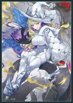 1girl blonde_hair blue_eyes bodysuit breasts diabellze_the_original_sinkeeper duel_monster gloves hat highres hsin large_breasts long_hair looking_at_viewer multicolored_hair open_mouth purple_hair smile solo streaked_hair very_long_fingernails white_bodysuit white_hat witch witch_hat yu-gi-oh!