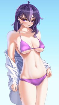 Rule 34 | 1girl, absurdres, ahoge, bare shoulders, bikini, blush, breasts, cleavage, ear piercing, earrings, gradient background, highres, jewelry, looking at viewer, medium breasts, midriff, navel, open clothes, open shirt, original, piercing, purple bikini, purple eyes, purple hair, shirt, simple background, smile, standing, stomach, swimsuit, takie arts, thighhighs, white shirt