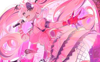 1girl absurdres ahoge akagi_(sk0127aho) bell belt black_wings chain commentary demon_tail dress earrings english_commentary head_wings heterochromia highres holding holding_microphone horns indie_virtual_youtuber ironmouse jewelry long_hair low_wings microphone pink_belt pink_dress pink_eyes pink_hair pink_wings pointy_ears purple_eyes purple_hair single_fishnet_legwear solo tail teeth twintails upper_teeth_only virtual_youtuber white_horns wings