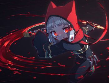 1girl alten animal_ears animal_hood black_jumpsuit blood blood_on_face capelet chakram closed_mouth commentary english_commentary fake_animal_ears glowing glowing_eyes grey_hair highres holding holding_weapon hood hood_up hooded_capelet jumpsuit nia_(xenoblade) red_capelet red_eyes solo thick_eyebrows v-shaped_eyebrows weapon xenoblade_chronicles_(series) xenoblade_chronicles_2