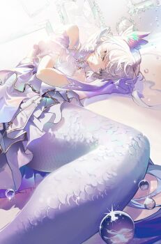 1girl alternate_costume blue_eyes broken_glass broken_mirror commentary crack cracked_glass dress face_jewel glass gloves head_wings highres honkai:_star_rail honkai_(series) jewel_under_eye lying merfolk mermaid mirror monster_girl purple_dress purple_gloves robin_(honkai:_star_rail) scales solo totomong untranslatable_commentary water white_hair white_wings wings