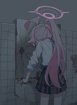 Rule 34 | 1girl, ahoge, blood, blood on mirror, blue archive, blue necktie, broken glass, broken mirror, crack, cracked glass, glass, halo, highres, hoshino (armed) (blue archive), hoshino (blue archive), huge ahoge, kiroshi, long hair, metal gear (series), metal gear solid v: the phantom pain, mirror, necktie, pink hair, pink halo, plaid clothes, plaid skirt, ponytail, skirt, solo, venom snake