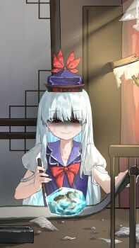 1girl anger_vein angry bow bowtie broken_glass broken_window calligraphy_brush chinese_commentary closed_mouth commentary_request dress false_smile furious glass grey_hair hat highres holding holding_calligraphy_brush holding_paintbrush holding_scroll inkstone kamishirasawa_keine kori_(pixiv_27692799) long_hair paintbrush puffy_short_sleeves puffy_sleeves purple_dress purple_hat red_bow red_bowtie red_eyes scroll shaded_face short_sleeves smile solo touhou