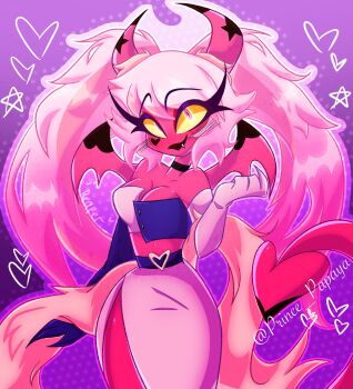 1girl breasts colored_sclera colored_skin commentary demon_girl demon_horns english_commentary hellaverse helluva_boss highres horns large_breasts long_hair looking_at_viewer pink_skin prince_papaya solo twintails verosika_mayday yellow_sclera