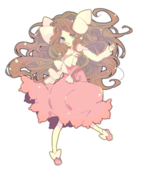 10s 1girl bow brown_hair caitlin_(pokemon) dress elite_four female_focus frontier_brain green_eyes long_hair nakamura_sandayo nintendo pokemon pokemon_dppt pokemon_hgss pokemon_platinum simple_background solo white_background