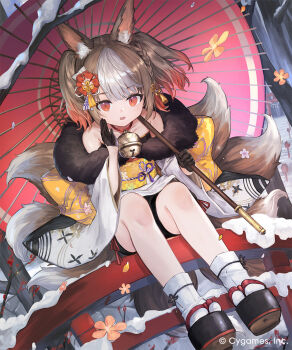 1girl akefumi animal_ear_fluff animal_ears bell black_gloves braid brown_hair colored_tips commentary_request copyright_notice dutch_angle flower fox_ears fox_girl fox_tail furisode_sleeves gloves hair_flower hair_ornament highres holding holding_umbrella japanese_clothes jingle_bell kimono kitsune looking_at_viewer multicolored_hair obi obijime official_art oil-paper_umbrella okobo parted_lips platform_sandals red_eyes red_hair sandals sash sekka_(shadowverse) shadowverse shadowverse:_worlds_beyond short_kimono sitting snow socks solo tabi tail tassel tassel_hair_ornament twintails umbrella white_hair white_socks yellow_sash