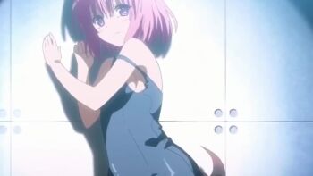 1boy 1girl animated audible_speech bare_shoulders black_tail blush breasts cleavage collarbone collared_shirt deepthroat dot_nose fellatio food food_on_face green_pants hand_on_another&#039;s_head ice_cream ice_cream_on_face japanese_audio medium_breasts medium_hair momo_velia_deviluke no_bra one-piece_swimsuit oral pants pink_hair purple_eyes school_swimsuit school_uniform sexually_suggestive shirt shoes short_hair shorts sleeveless sound sweat sweater swimsuit tagme tears to_love-ru video white_hair white_shoes yuuki_rito