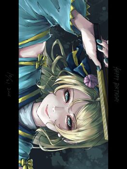 1girl angelic_angel ayase_eli birthday blonde_hair blue_eyes blue_kimono blue_nails commentary dark_background dated english_text halpng hand_fan happy_birthday highres holding holding_fan japanese_clothes kimono long_hair looking_at_viewer love_live! love_live!_school_idol_project love_live!_the_school_idol_movie official_alternate_hairstyle solo upper_body
