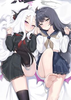2girls absurdres barefoot birthday_connection black_hair black_thighhighs blue_archive commentary_request dated_commentary feet halo highres hina_(blue_archive) horns kisaki_(blue_archive) long_hair long_sleeves looking_at_viewer multiple_girls neckerchief nekoya_(liu) panties_around_one_ankle pleated_skirt purple_eyes sailor_collar school_uniform serafuku skirt soles thighhighs toes white_hair