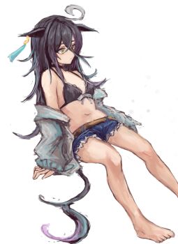 1girl ahoge animal_ears bare_shoulders belt bikini black_bikini black_choker black_hair blue_shorts breasts brown_belt choker closed_mouth collarbone commentary_request ear_tag earrings hair_between_eyes horse_ears horse_girl horse_tail jacket jewelry long_bangs long_hair long_hair_between_eyes long_sleeves looking_at_viewer manhattan_cafe_(umamusume) multicolored_hair navel nintendo open_clothes open_jacket shirt shorts simple_background single_earring small_breasts solo stomach swimsuit tail the_legend_of_zelda umamusume white_background white_hair white_jacket yanagi_wakana yellow_eyes