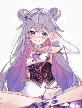 1girl absurdres black_corset castellayaki chest_jewel colored_inner_hair corset detached_collar detached_sleeves double_bun dress gem gradient_hair grey_hair hair_bun hashtag-only_commentary highres hololive hololive_english indian_style jewel_under_eye koseki_bijou koseki_bijou_(1st_costume) long_hair looking_at_viewer material_growth multicolored_hair pink_hair purple_eyes purple_gemstone purple_hair simple_background single_detached_sleeve sitting solo v v_over_eye very_long_hair virtual_youtuber white_background white_dress