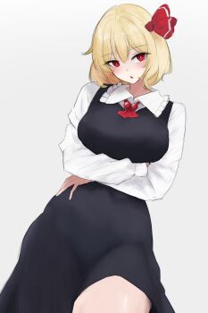 1girl absurdres arms_under_breasts black_skirt black_vest blonde_hair breasts commentary_request crossed_arms hair_ribbon highres long_sleeves looking_at_viewer medium_breasts medium_hair moriforest1040 parted_lips red_eyes ribbon rumia shirt skirt solo thighs touhou vest white_shirt