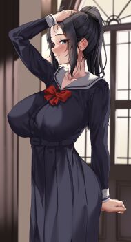 1girl absurdres black_hair black_skirt blue_eyes blush breasts commentary_request covered_erect_nipples hair_lift highres indoors jack_dempa large_breasts long_hair long_skirt looking_at_viewer miyamae_shiho_(jack_dempa) mole mole_under_eye original paid_reward_available pleated_skirt ponytail school_uniform serafuku skirt solo