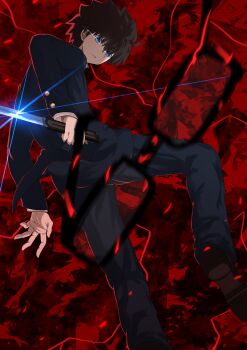 Rule 34 | 1boy, ahoge, black hair, blue eyes, brown shoes, commentary request, fighting stance, floating clothes, floating hair, folding knife, from behind, glasses, hair between eyes, highres, holding, holding knife, holding weapon, knife, looking at viewer, male focus, mystic eyes of death perception, nanatsu-yoru, reverse grip, shoes, switchblade, tohno shiki, tsubaki9124, tsukihime, tsukihime (remake), weapon