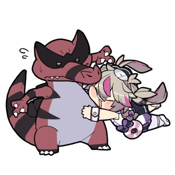 1girl :3 akichi_360 black_skirt blush brown_hair cheek_press chibi closed_eyes crossover floating_hair flying_sweatdrops full_body gen_5_pokemon glomp hat highres hug indie_virtual_youtuber innertube jacket kasukabe_tsukushi krookodile looking_at_another multicolored_hair nintendo nurse_cap open_mouth overskirt pink_hair pleated_skirt pokemon pokemon_(creature) simple_background single_leg_pantyhose single_wrist_cuff skirt sleeveless sleeveless_jacket smile streaked_hair swim_ring v-shaped_eyebrows virtual_youtuber white_background white_jacket wrist_cuffs