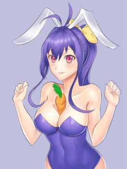 Rule 34 | 1girl, animal ears, antenna hair, between breasts, blazblue, blazblue remix heart, blue hair, blush, bow, breasts, carrot, fake animal ears, female focus, genderswap, genderswap (mtf), hair bow, highres, large breasts, long hair, mai natsume, playboy bunny, ponytail, rabbit ears, red eyes, ribbon, simple background, smile, solo, yellow bow