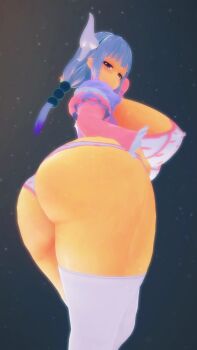 1girl 3d absurdres aged_up ass blue_eyes blunt_bangs blush bra breasts curvy dragon_girl dragon_horns expressionless from_below highres horns huge_ass huge_breasts kanna_kamui kobayashi-san_chi_no_maidragon long_hair looking_down panties purple_hair ragedkc solo thick_thighs thighhighs thighs underwear white_thighhighs wide_hips