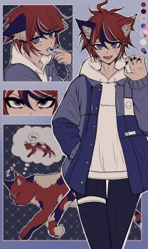 Rule 34 | 1boy, ahoge, animal ears, black nails, blue fur, blue hair, blush, brown fur, cat, cat boy, cat ears, cat tail, fangs, fingernails, hair between eyes, hood, hoodie, long fingernails, long hair, long sleeves, male focus, multicolored eyes, multicolored fur, multicolored hair, myeternal moon, open mouth, red eyes, red fur, red hair, sleeping, solo, solo focus, streaked hair, sumino takumi, tail, teeth, the hundred line -last defense academy-, tongue, upper teeth only
