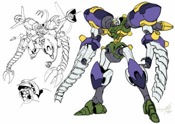 alternate_form artist_name clawed_hands claws clenched_hand commentary energy_beam extendable_limbs full_body g_gundam green_eyes gundam haganef hand_fan joints mecha no_humans no_pupils open_mouth robot robot_joints science_fiction signature simple_background solo standing tentacles v-fin walter_gundam white_background wrist_extended