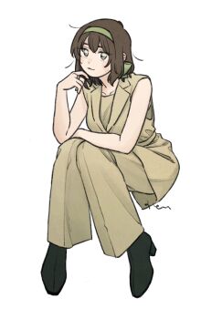 1girl axis_powers_hetalia bare_shoulders belgium_(hetalia) black_boots boots bow breasts brown_hair closed_mouth collarbone commentary_request full_body green_bow green_eyes green_hairband hair_between_eyes hair_bow hairband hand_up highres jewelry lapels looking_at_viewer medium_breasts mi_aph_to pants ring short_hair simple_background sitting smile solo tank_top vest white_background yellow_pants yellow_tank_top yellow_vest