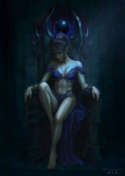 1girl absurdres anna_selena baldur's_gate baldur's_gate_3 bare_legs barefoot black_hair breasts commentary dungeons_&amp;_dragons dungeons_&amp;_dragons elf english_commentary highres looking_down multi-tied_hair navel pelvic_curtain pointy_ears scar scar_on_face shadowheart_(baldur's_gate) sitting_on_throne solo stomach thighs throne toned toned_female