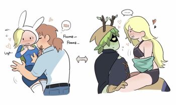 1boy 1girl adventure_time adventure_time:_fionna_and_cake animal_hood backpack bag colored_sclera colored_skin cosplay costume_switch eye_mask fionna_campbell green_sclera green_skin hair_branch hood hunter_(adventure_time) huntress_wizard huntress_wizard_(cosplay) idiot-mt mask plant_hair rabbit_hood