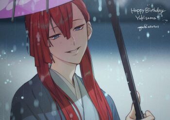 1boy akua blue_eyes blunt_bangs character_name commentary_request dated hair_between_eyes happy_birthday holding holding_umbrella king_of_prism long_hair looking_at_viewer male_focus oil-paper_umbrella pretty_rhythm pretty_series red_hair smile snowing solo tachibana_yukinojou umbrella upper_body