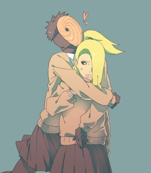 2boys akatsuki_(naruto) crossdressing crossdressing_(mtf) deidara_(naruto) gloves heart long_hair long_sleeves male_focus mask multiple_boys naruto_(series) naruto_shippuuden obobkkp school_uniform skirt tobi_(naruto) uchiha_obito