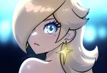 Rule 34 | 1girl, artist name, blonde hair, blue eyes, blurry, blurry background, blush, commentary, earrings, english commentary, eyelashes, hair over one eye, jewelry, long hair, looking at viewer, looking back, mario (series), muis0802, nintendo, parted lips, rosalina, solo, star (symbol), star earrings, the super mario galaxy movie, upper body