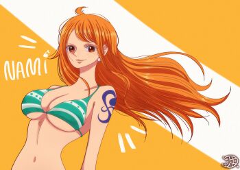 1girl artist_collaboration bare_shoulders bikini bikini_top_only blossom_uto breasts brown_eyes character_name cleavage closed_mouth commentary d_istortion earrings english_commentary floating_hair green_bikini halterneck highres jewelry large_breasts long_hair looking_at_viewer nami_(one_piece) navel one_piece orange_hair pearl_earrings shoulder_tattoo signature solo stomach swimsuit tattoo underboob upper_body