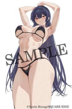 1girl armpits arms_up bikini black_bikini blush breasts cleavage clothing_cutout groin haite_kudasai_takamine-san hiiragi_yuuichi large_breasts long_hair looking_at_viewer navel official_art purple_hair red_eyes sample_watermark sideboob sidelocks simple_background smile stomach swimsuit takamine_takane thighs underboob very_long_hair watermark white_background wide_hips