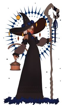 Rule 34 | 1girl, absurdres, black dress, black hat, black nails, blue eyes, cat girl, cat tail, commentary request, dark-skinned female, dark skin, detached sleeves, dress, earrings, flower, glasses, halloween, halterneck, hat, hat flower, highres, holding, imo guru, jewelry, long dress, medium hair, nail polish, original, solo, tail, white hair, witch, witch hat
