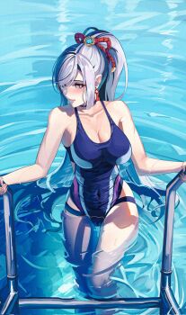 1girl alternate_costume alternate_hairstyle bare_arms bare_shoulders black_choker blue_one-piece_swimsuit blush breasts choker cleavage clothing_cutout collarbone commentary competition_swimsuit covered_navel cowboy_shot cryo_symbol_(genshin_impact) earrings english_commentary feet_out_of_frame floating_earrings genshin_impact grey_eyes grey_hair hair_ornament hair_ribbon hair_up high_ponytail highleg highleg_one-piece_swimsuit highres hip_vent holding impossible_clothes impossible_swimsuit jewelry large_breasts long_hair looking_to_the_side one-piece_swimsuit parted_lips ponytail pool pool_ladder poolside rasipan red_rope ribbon rope shenhe_(genshin_impact) sidelocks skindentation smile solo standing straight_hair swept_bangs swimsuit tassel tassel_earrings taut_clothes thigh_gap thighs very_long_hair vision_(genshin_impact) wading water wet