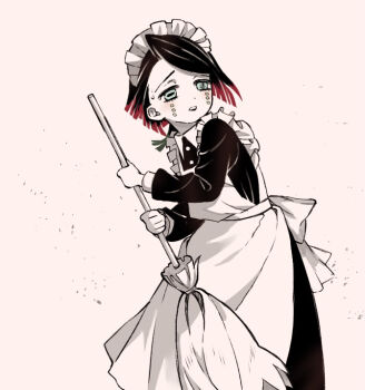 Rule 34 | 1boy, alternate costume, apron, aqua eyes, asymmetrical bangs, back bow, black dress, bow, broom, buttons, colored skin, colored tips, commentary request, cowboy shot, crossdressing, crossdressing (mtf), demon boy, dress, enmaided, enmu (kimetsu no yaiba), facial mark, holding, holding broom, karikari (pixiv42147188), kimetsu no yaiba, long sleeves, maid, maid headdress, male focus, medium hair, multicolored hair, open mouth, simple background, solo, standing, symbol-shaped pupils, tears facial mark, teeth, trap, turning head, upper teeth only, white apron, white background, white bow, white skin