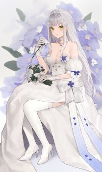 Rule 34 | 1girl, absurdres, bouquet, bow, breasts, bridal veil, choker, cleavage, commentary, cross hair ornament, dress, english commentary, floral background, flower, full body, girls' frontline, gloves, green eyes, grey hair, hair ornament, high heels, highres, hk416 (girls' frontline), hk416 (transparent blue) (girls' frontline), jewelry, kir (khw66136132), looking at viewer, medium breasts, necklace, official alternate costume, parted lips, ribbon, ring, rose, shoes, sidelocks, sitting, solo, tattoo, teardrop facial mark, teardrop tattoo, thighhighs, tiara, veil, wedding dress, wedding ring, white bow, white choker, white dress, white flower, white gloves, white ribbon, white rose, white shoes, white thighhighs