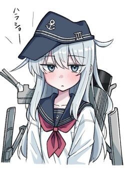 1girl anchor_symbol black_sailor_collar blue_eyes blush commentary_request cropped_torso flat_cap grey_hair hair_between_eyes hat hibiki_(kancolle) kantai_collection long_hair long_sleeves looking_at_viewer neckerchief nyanzai-sensei parted_lips red_neckerchief sailor_collar school_uniform serafuku simple_background solo translation_request upper_body white_background white_hair