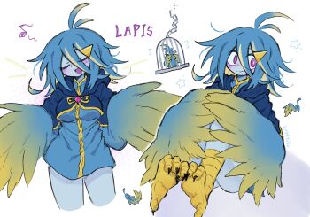 Rule 34 | 1girl, ahoge, artist name, blonde hair, blue dress, blue feathers, blue hair, blue skin, blush, breasts, bright pupils, colored skin, commentary, dress, english commentary, feathers, gradient wings, hair between eyes, hair ornament, hairclip, harpy, highres, kopeniko, medium breasts, monster girl, multicolored hair, multicolored wings, multiple views, music, original, pink eyes, singing, smile, talons, two-tone hair, white pupils, winged arms, wings, yellow feathers
