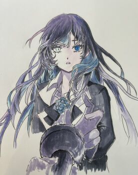 1girl ado_(utaite) black_hair black_jacket blue_eyes bow bowtie chando_(ado) commentary_request eyelashes gloves heterochromia highres holding holding_microphone jacket long_hair looking_at_viewer microphone open_mouth out_of_frame pasuta_810 simple_background upper_body white_background