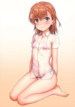 1girl 2023 20s absurdres bare_hips bare_legs barefoot bikini blush breasts brown_eyes brown_hair collarbone female_focus flower full_body gradient_background hair_flower hair_ornament highres huge_filesize isshi_pyuma kneeling looking_at_viewer matching_hair/eyes misaka_mikoto navel pink_bikini scan see-through_clothes see-through_shirt shirt short_hair small_breasts smile solo string_bikini swimsuit thick_thighs thighs toaru_kagaku_no_railgun toaru_majutsu_no_index toes wet wet_clothes wet_shirt